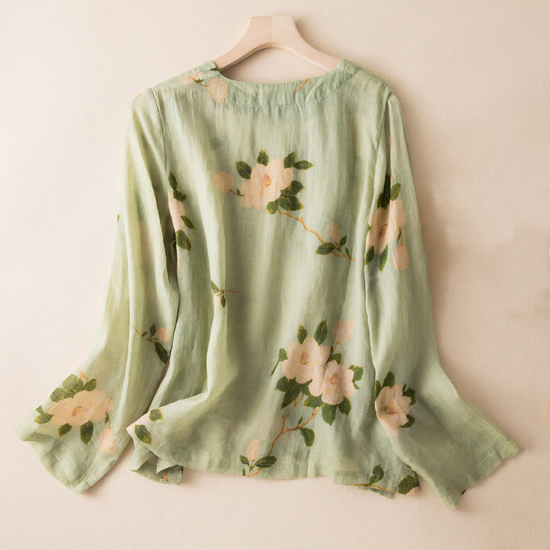 Buddha Stonesライトグリーン カジュアル アーティスティックプリント 花柄 中国風 カエルボタンデザイン レディース コットンリネン 長袖シャツ カーディガン - image 1