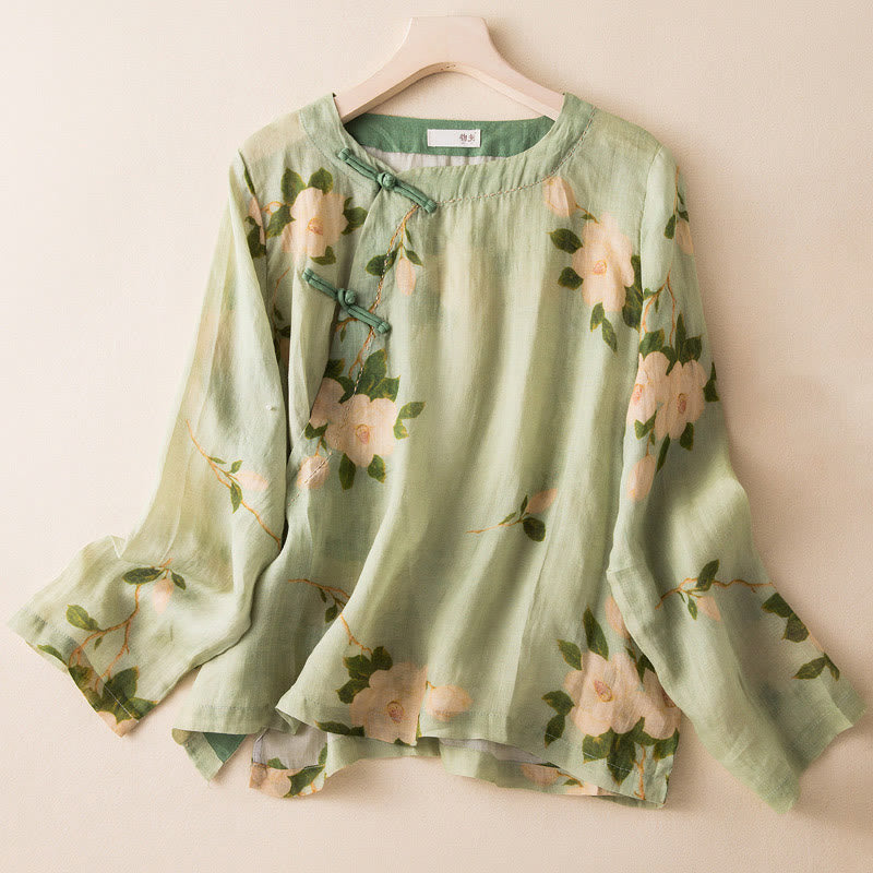 Buddha Stonesライトグリーン カジュアル アーティスティックプリント 花柄 中国風 カエルボタンデザイン レディース コットンリネン 長袖シャツ カーディガン - ライトグリーン - US8-10，UK/AU12-14，EU40-42 (2XL) - image 0