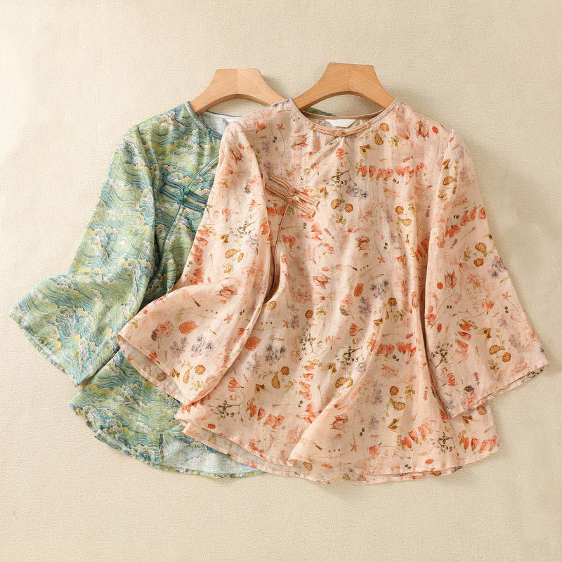 Buddha Stones夏 カジュアル プリント カエルボタンデザイン レディース コットンリネン 長袖シャツ - image 18