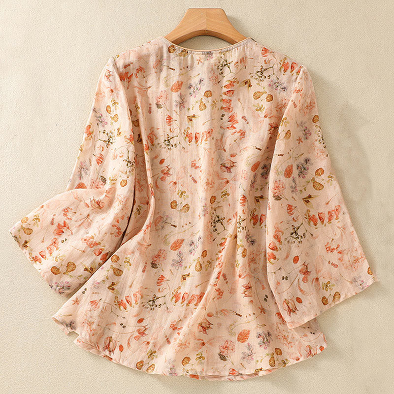 Buddha Stones夏 カジュアル プリント カエルボタンデザイン レディース コットンリネン 長袖シャツ - image 1