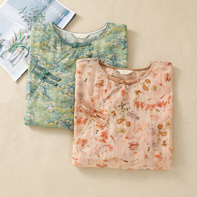 Buddha Stones夏 カジュアル プリント カエルボタンデザイン レディース コットンリネン 長袖シャツ - image 19