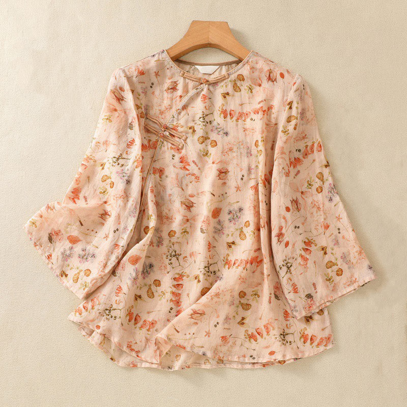 Buddha Stones夏 カジュアル プリント カエルボタンデザイン レディース コットンリネン 長袖シャツ - ナバホホワイト - US8-10，UK/AU12-14，EU40-42 (2XL) - image 0