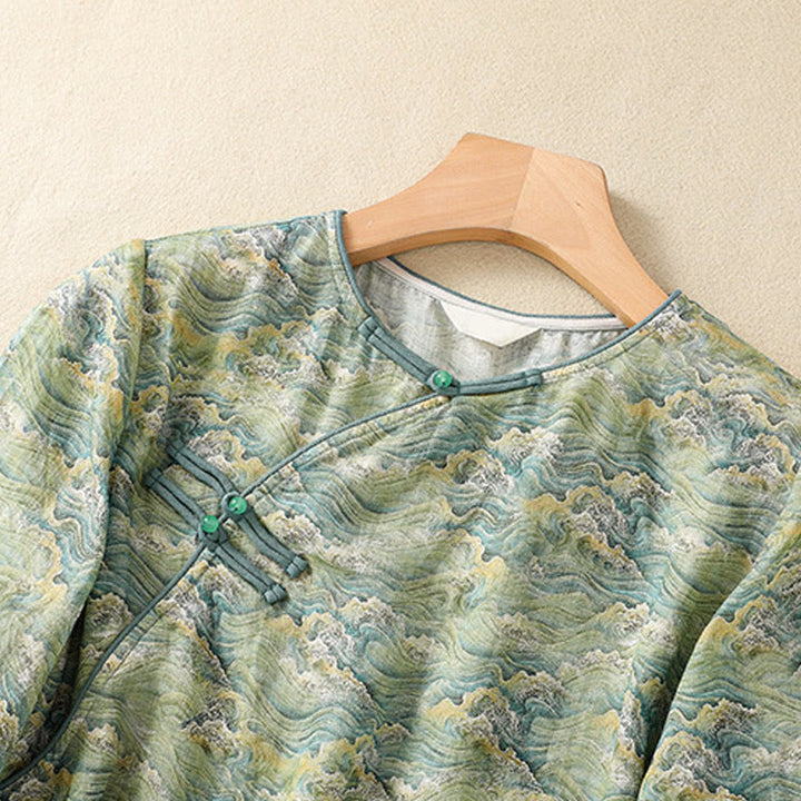 Buddha Stones夏 カジュアル プリント カエルボタンデザイン レディース コットンリネン 長袖シャツ - image 12