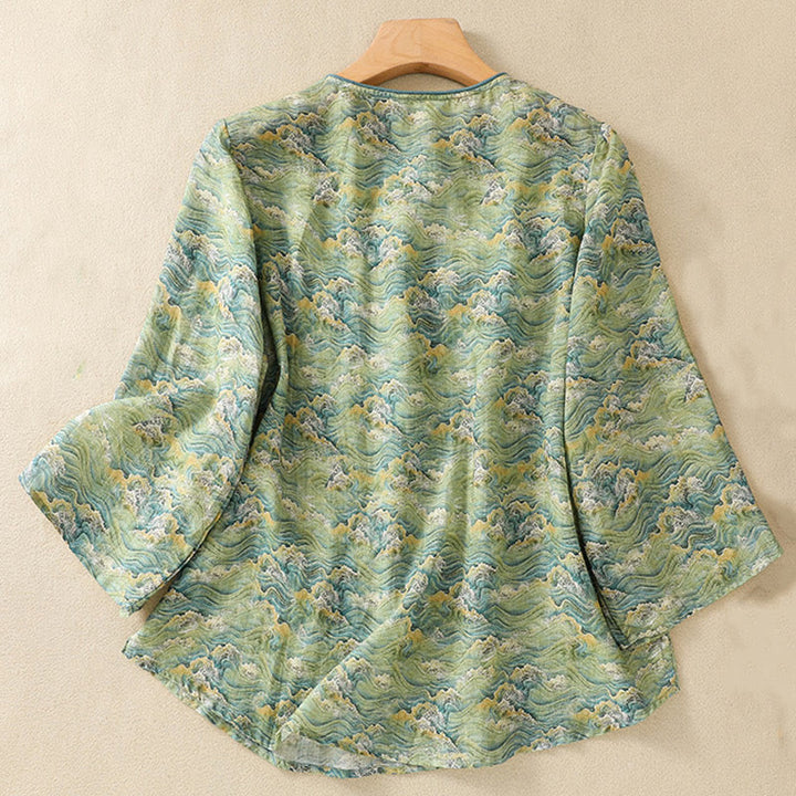 Buddha Stones夏 カジュアル プリント カエルボタンデザイン レディース コットンリネン 長袖シャツ