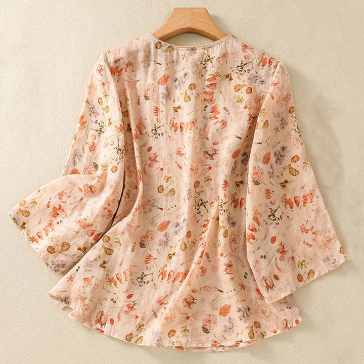 Buddha Stones夏 カジュアル プリント カエルボタンデザイン レディース コットンリネン 長袖シャツ - image 1