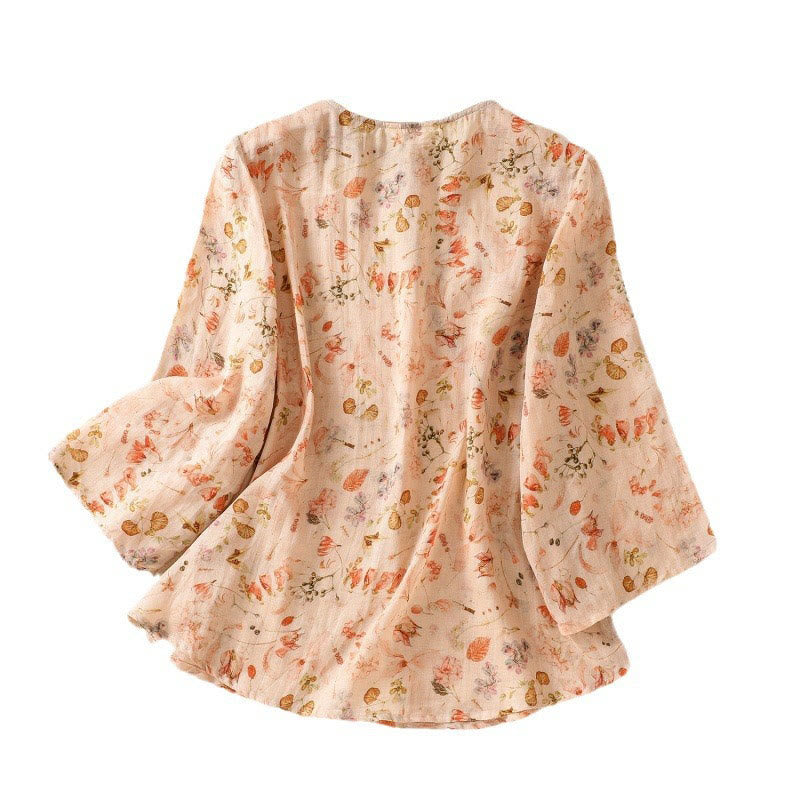 Buddha Stones夏 カジュアル プリント カエルボタンデザイン レディース コットンリネン 長袖シャツ - image 9