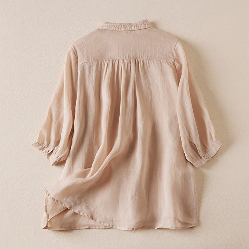 Buddha Stones夏 ヴィンテージ カジュアル 純色 刺繍 ボタンデザイン レディース コットン リネン 半袖シャツ - image 1