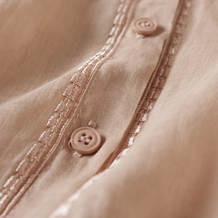 Buddha Stones夏 ヴィンテージ カジュアル 純色 刺繍 ボタンデザイン レディース コットン リネン 半袖シャツ - image 4