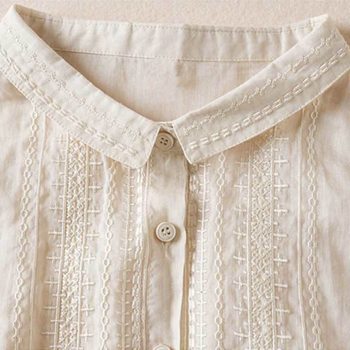 Buddha Stones夏 ヴィンテージ カジュアル 純色 刺繍 ボタンデザイン レディース コットン リネン 半袖シャツ - image 16