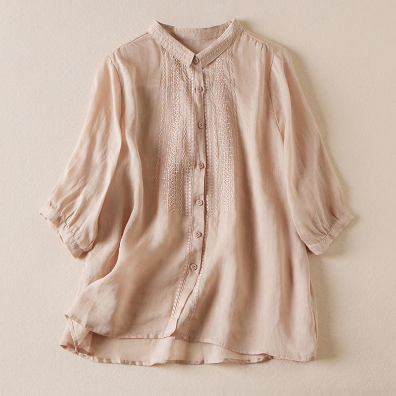 Buddha Stones夏 ヴィンテージ カジュアル 純色 刺繍 ボタンデザイン レディース コットン リネン 半袖シャツ - バーリーウッド - US8-10，UK/AU12-14，EU40-42 (2XL) - image 0