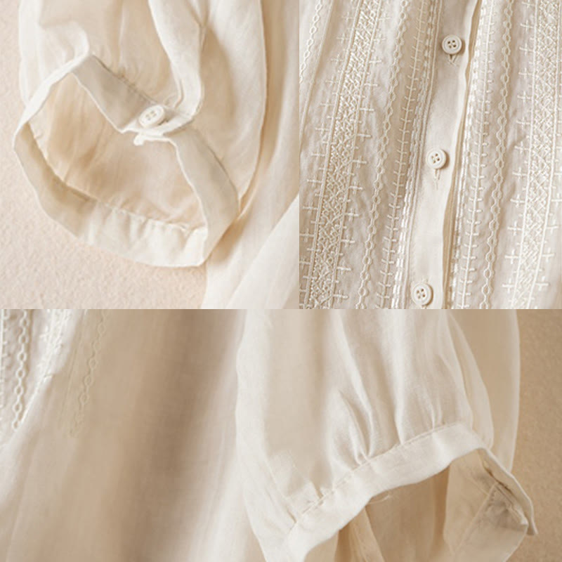 Buddha Stones夏 ヴィンテージ カジュアル 純色 刺繍 ボタンデザイン レディース コットン リネン 半袖シャツ - image 18