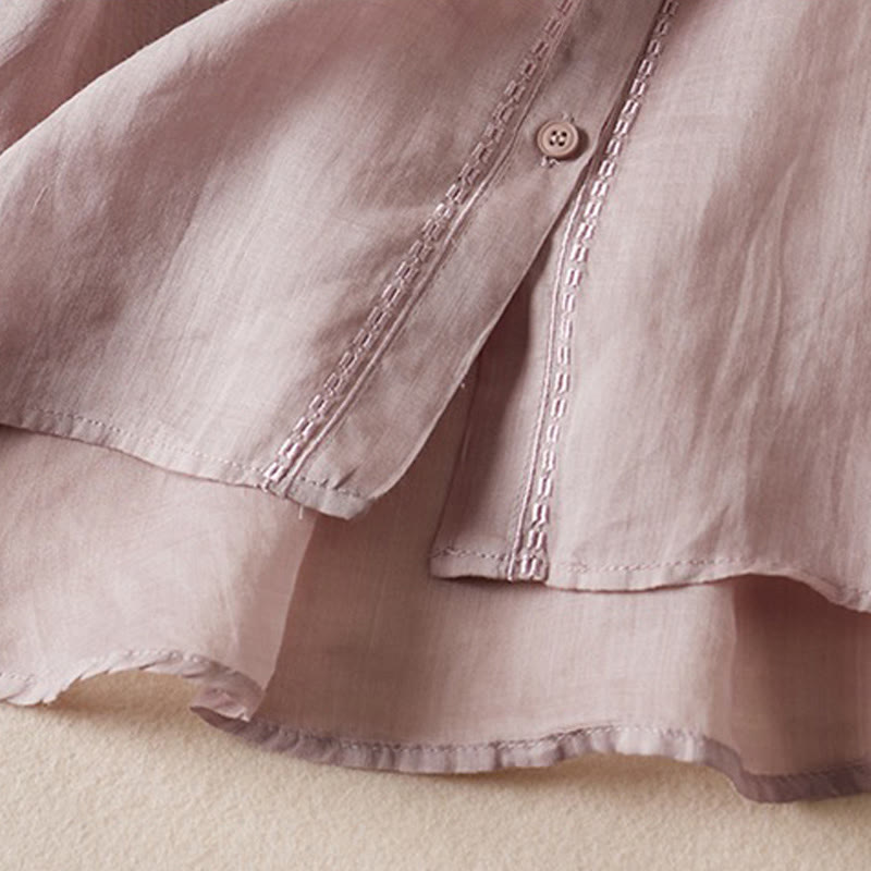 Buddha Stones夏 ヴィンテージ カジュアル 純色 刺繍 ボタンデザイン レディース コットン リネン 半袖シャツ - image 25