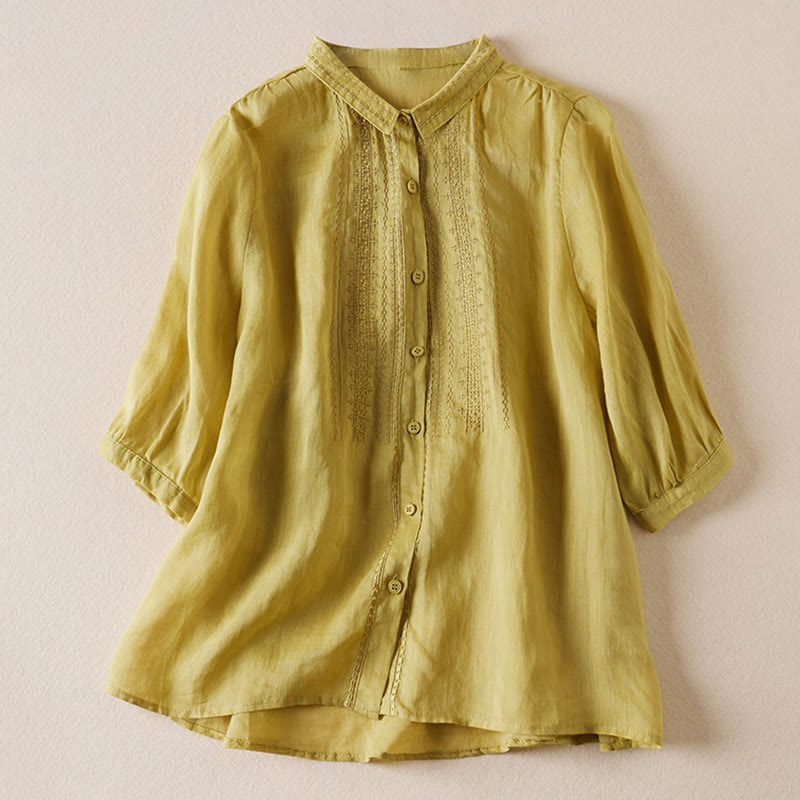 Buddha Stones夏 ヴィンテージ カジュアル 純色 刺繍 ボタンデザイン レディース コットン リネン 半袖シャツ - 黄緑 - US8-10，UK/AU12-14，EU40-42 (2XL) - image 8