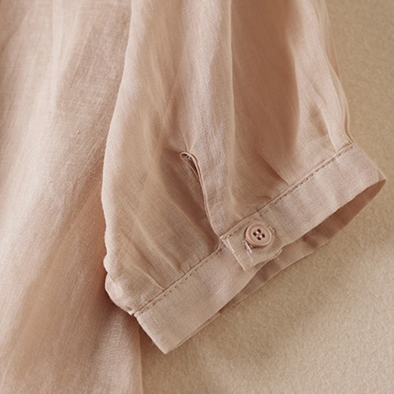 Buddha Stones夏 ヴィンテージ カジュアル 純色 刺繍 ボタンデザイン レディース コットン リネン 半袖シャツ - image 3
