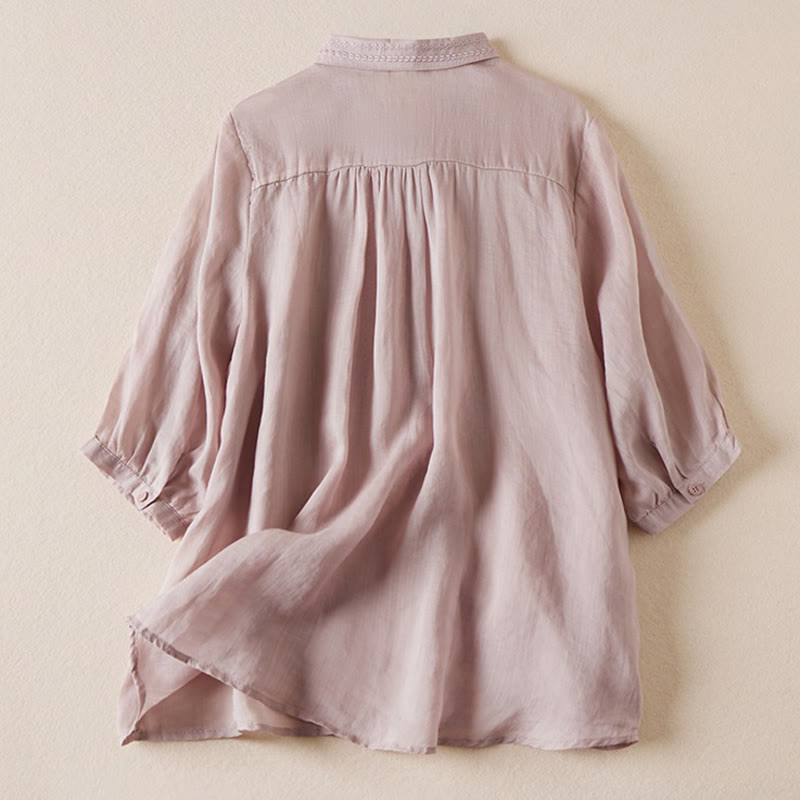 Buddha Stones夏 ヴィンテージ カジュアル 純色 刺繍 ボタンデザイン レディース コットン リネン 半袖シャツ - image 20