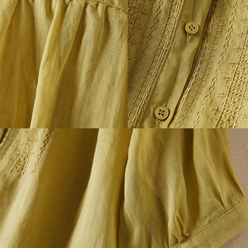Buddha Stones夏 ヴィンテージ カジュアル 純色 刺繍 ボタンデザイン レディース コットン リネン 半袖シャツ - image 13