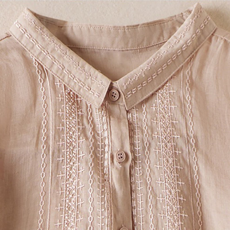 Buddha Stones夏 ヴィンテージ カジュアル 純色 刺繍 ボタンデザイン レディース コットン リネン 半袖シャツ - image 2