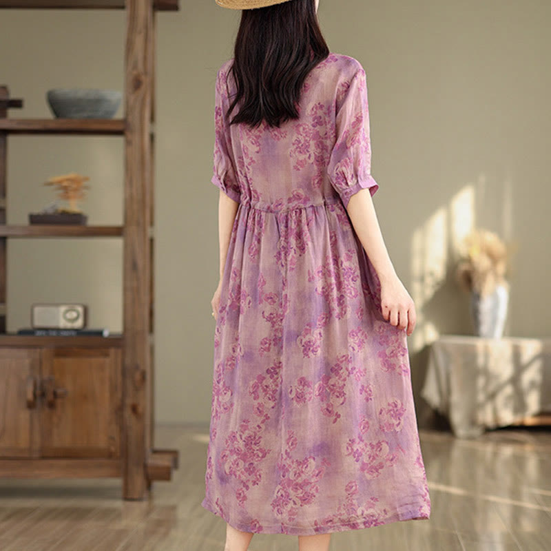 Buddha Stonesレトロプリント花柄ドローストリングデザイン半袖コットンミディドレス（ポケット付き） - image 15