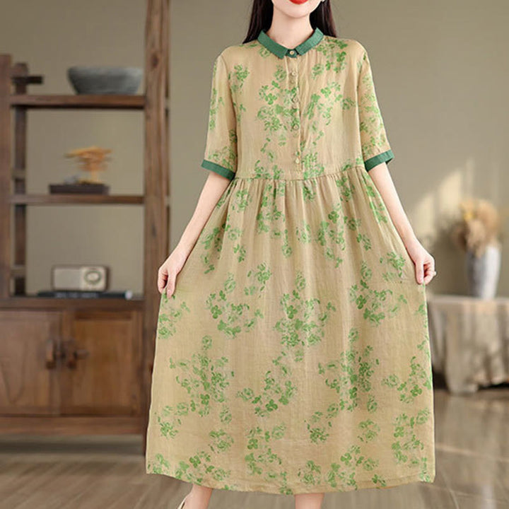 Buddha Stonesレトロプリント花柄ドローストリングデザイン半袖コットンミディドレス（ポケット付き） - image 18