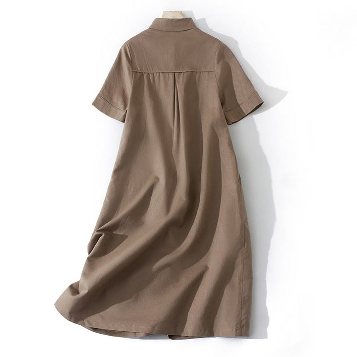 Buddha Stonesサマー レトロ 無地 ボタンデザイン 半袖 コットン ミディドレス ポケット付き
