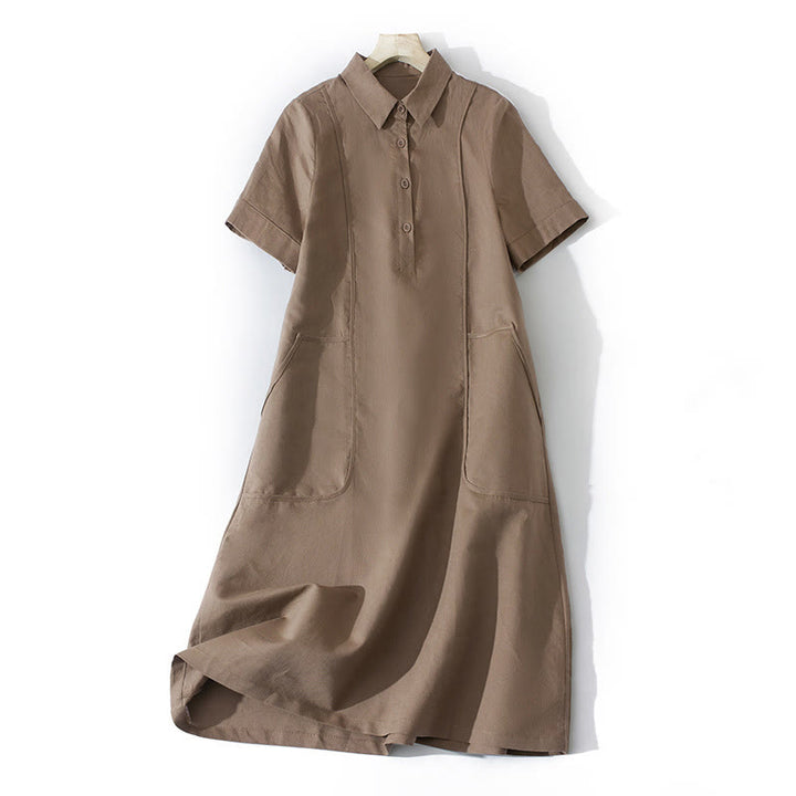 Buddha Stonesサマー レトロ 無地 ボタンデザイン 半袖 コットン ミディドレス ポケット付き