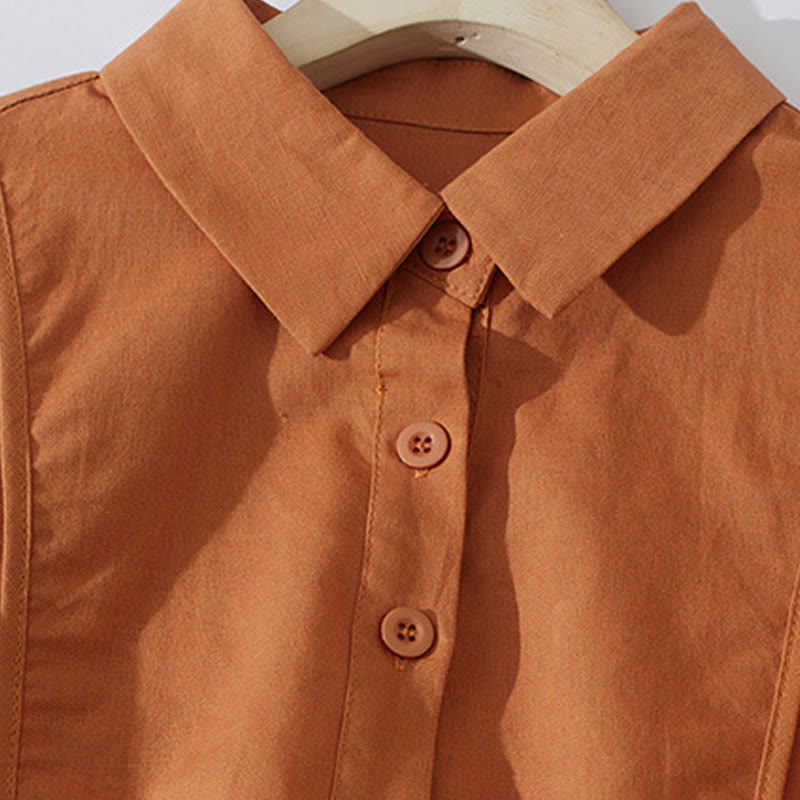 Buddha Stonesサマー レトロ 無地 ボタンデザイン 半袖 コットン ミディドレス ポケット付き - image 3