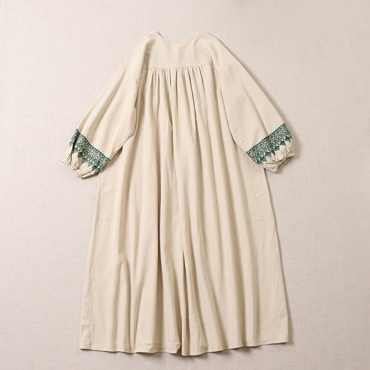 Buddha Stonesカジュアル アーティスティック 幾何学模様 刺繍 ボタンフロント ロング ランタンスリーブ コットンリネン ミディドレス - image 8