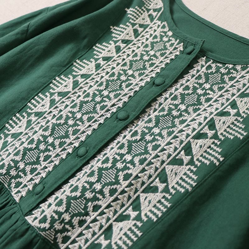 Buddha Stonesカジュアル アーティスティック 幾何学模様 刺繍 ボタンフロント ロング ランタンスリーブ コットンリネン ミディドレス - image 2