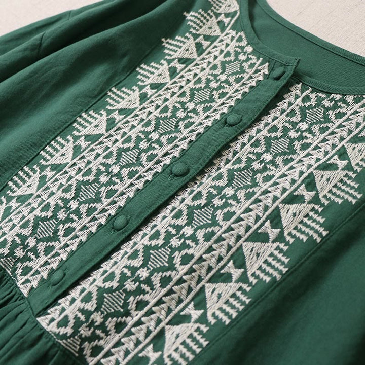 Buddha Stonesカジュアル アーティスティック 幾何学模様 刺繍 ボタンフロント ロング ランタンスリーブ コットンリネン ミディドレス - image 2