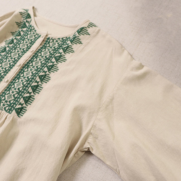 Buddha Stonesカジュアル アーティスティック 幾何学模様刺繍 ボタンフロント 長袖 ランタンスリーブ ミディドレス - image 11