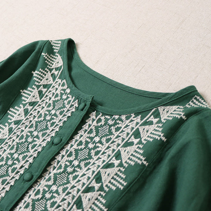 Buddha Stonesカジュアル アーティスティック 幾何学模様 刺繍 ボタンフロント ロング ランタンスリーブ コットンリネン ミディドレス - image 3