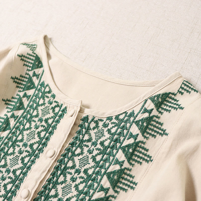 Buddha Stonesカジュアル アーティスティック 幾何学模様刺繍 ボタンフロント 長袖 ランタンスリーブ ミディドレス - image 14