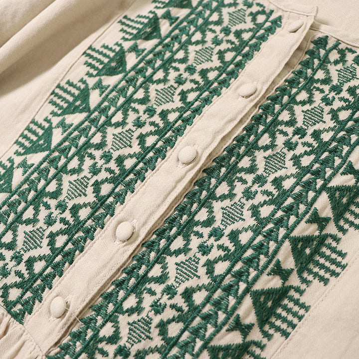 Buddha Stonesカジュアル アーティスティック 幾何学模様 刺繍 ボタンフロント ロング ランタンスリーブ コットンリネン ミディドレス - image 15