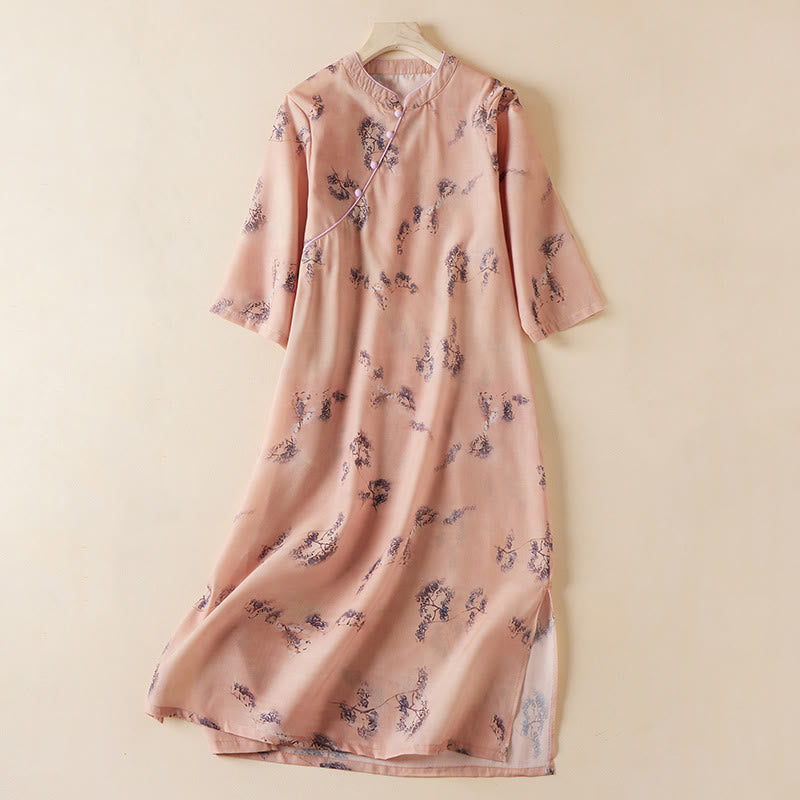 Buddha Stones夏 ヴィンテージプリント 花柄 斜めボタン スタンドカラーデザイン 半袖 コットン チャイナドレス ポケット付き - ダークサーモン - US12、 UK/AU16、 EU44 (3XL) - image 0