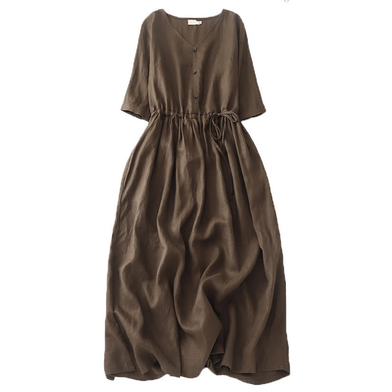 Buddha Stonesヴィンテージ カジュアル 無地 プリーツ ドローストリングデザイン 半袖 コットンリネン ミディドレス ポケット付き - サドルブラウン - US8-10，UK/AU12-14，EU40-42 (2XL) - image 0