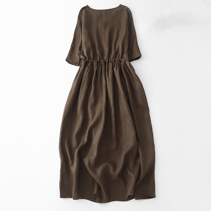 Buddha Stonesヴィンテージ カジュアル 無地 プリーツ ドローストリングデザイン 半袖 コットンリネン ミディドレス ポケット付き - image 1