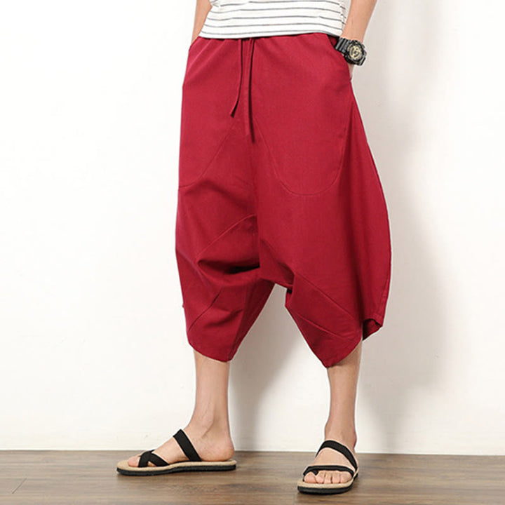 Buddha Stones春 無地 シンプル パッチワークデザイン ドローストリング コットンリネン メンズ 7-8丈 ワイドレッグパンツ ポケット付き - image 13