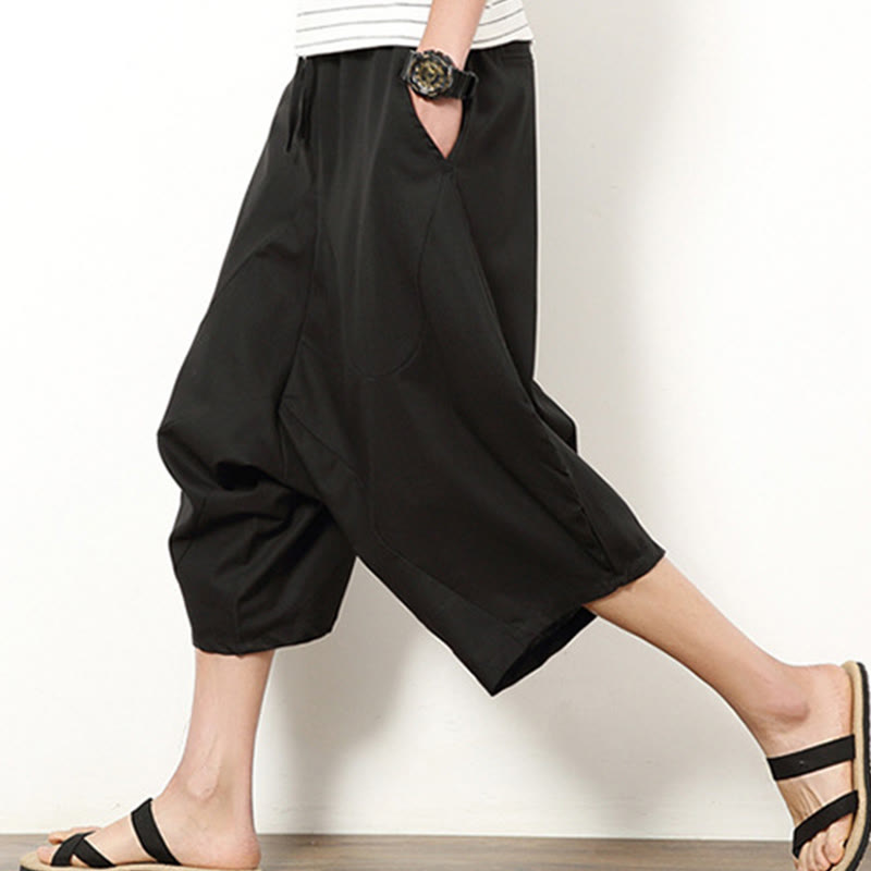 Buddha Stones春 無地 シンプル パッチワークデザイン ドローストリング コットンリネン メンズ 7-8丈 ワイドレッグパンツ ポケット付き - image 20