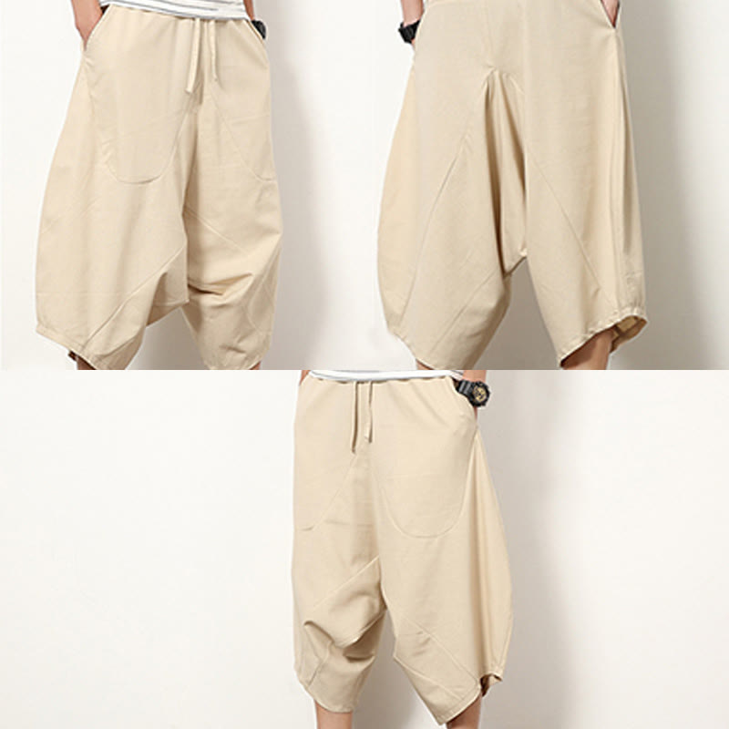 Buddha Stones春 無地 シンプル パッチワークデザイン ドローストリング コットンリネン メンズ 7-8丈 ワイドレッグパンツ ポケット付き - image 10