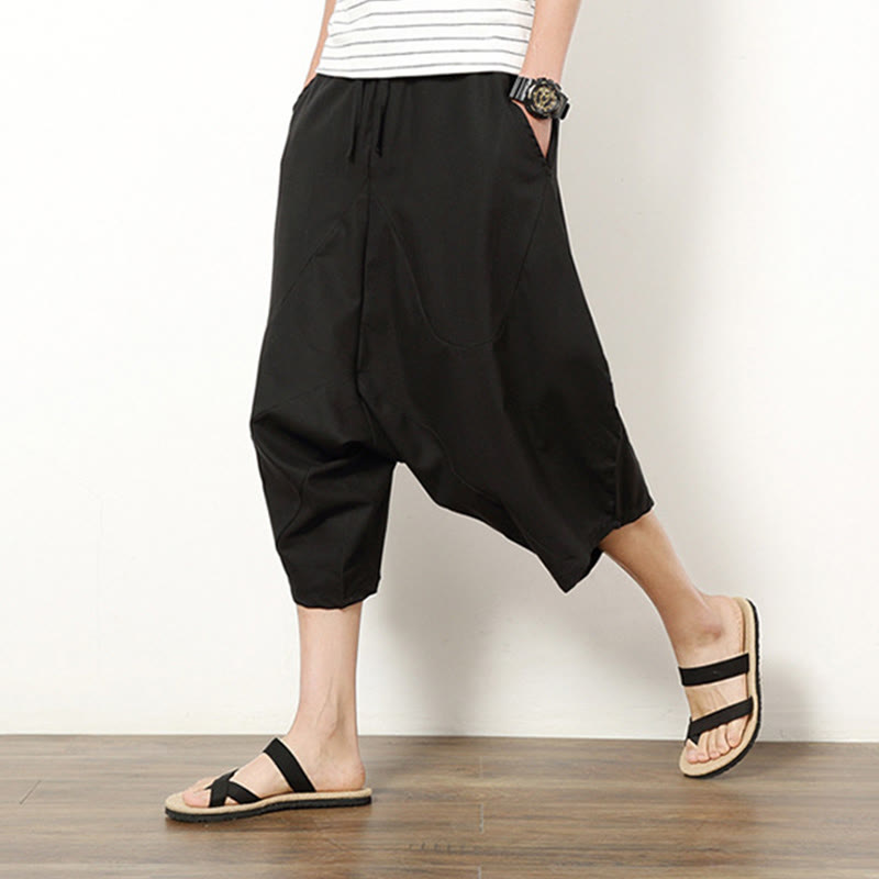 Buddha Stones春 無地 シンプル パッチワークデザイン ドローストリング コットンリネン メンズ 7-8丈 ワイドレッグパンツ ポケット付き - image 18