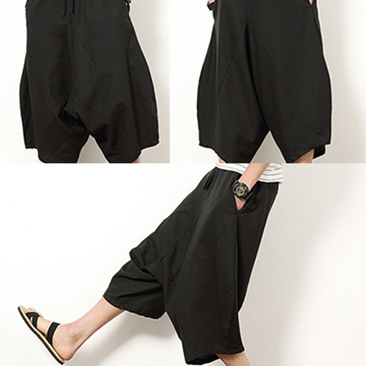 Buddha Stones春 無地 シンプル パッチワークデザイン ドローストリング コットンリネン メンズ 7-8丈 ワイドレッグパンツ ポケット付き - image 25