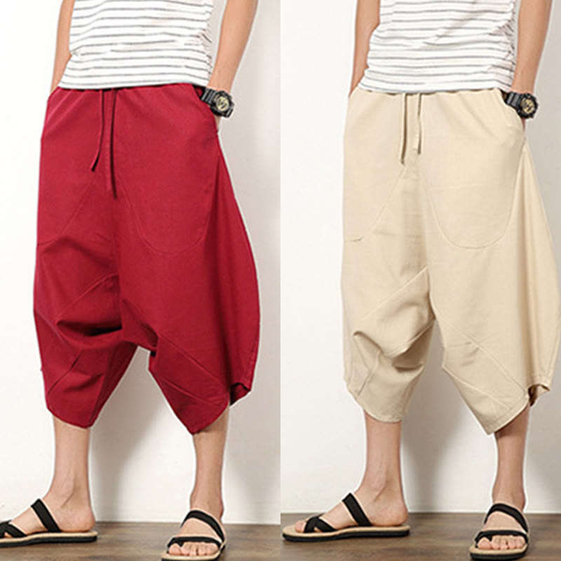 Buddha Stones春 無地 シンプル パッチワークデザイン ドローストリング コットンリネン メンズ 7-8丈 ワイドレッグパンツ ポケット付き - image 26