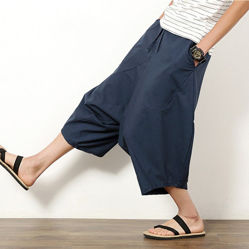 Buddha Stones春 無地 シンプル パッチワークデザイン ドローストリング コットンリネン メンズ 7-8丈 ワイドレッグパンツ ポケット付き - image 2