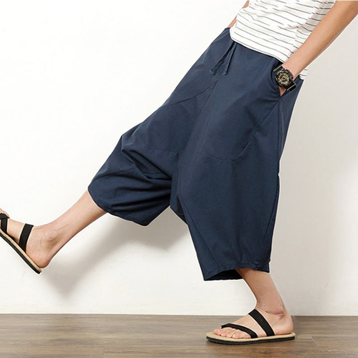 Buddha Stones春 無地 シンプル パッチワークデザイン ドローストリング コットンリネン メンズ 7-8丈 ワイドレッグパンツ ポケット付き - image 2