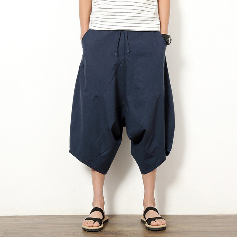 Buddha Stones春 無地 シンプル パッチワークデザイン ドローストリング コットンリネン メンズ 7-8丈 ワイドレッグパンツ ポケット付き - ダークスレートブルー - US/UK/AU46、 EU56 (5XL) - image 0