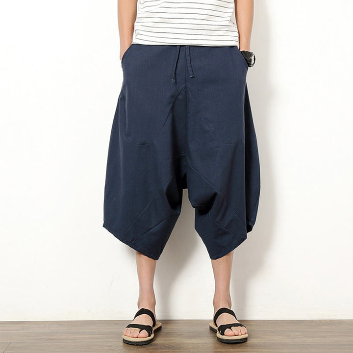 Buddha Stones春 無地 シンプル パッチワークデザイン ドローストリング コットンリネン メンズ 7-8丈 ワイドレッグパンツ ポケット付き - ダークスレートブルー - US/UK/AU46、 EU56 (5XL) - image 0