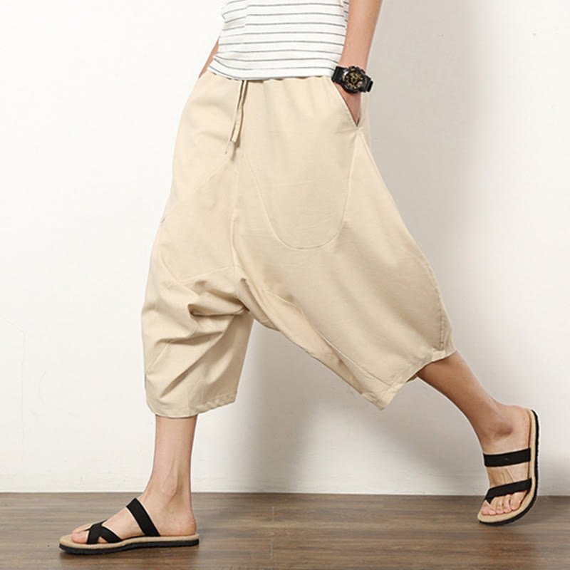 Buddha Stones春 無地 シンプル パッチワークデザイン ドローストリング コットンリネン メンズ 7-8丈 ワイドレッグパンツ ポケット付き - image 9