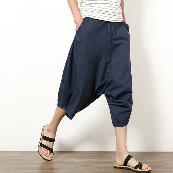 Buddha Stones春 無地 シンプル パッチワークデザイン ドローストリング コットンリネン メンズ 7-8丈 ワイドレッグパンツ ポケット付き - image 3