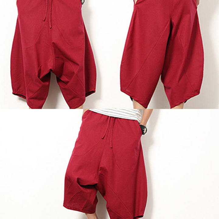 Buddha Stones春 無地 シンプル パッチワークデザイン ドローストリング コットンリネン メンズ 7-8丈 ワイドレッグパンツ ポケット付き - image 16