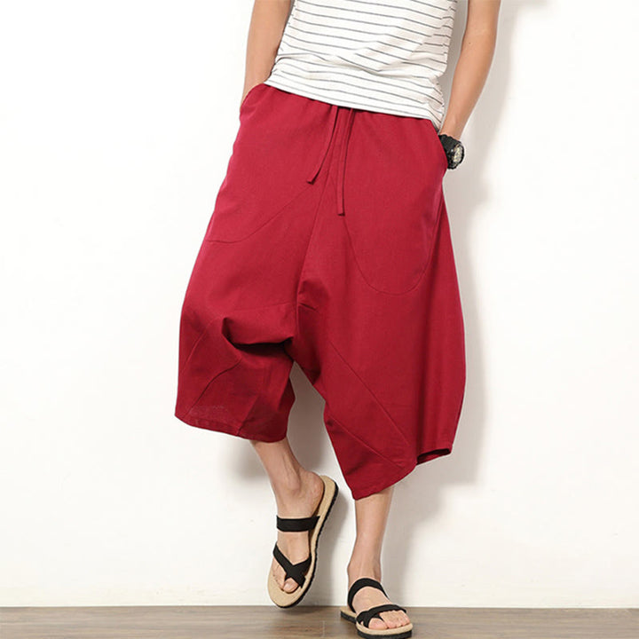 Buddha Stones春 無地 シンプル パッチワークデザイン ドローストリング コットンリネン メンズ 7-8丈 ワイドレッグパンツ ポケット付き - クリムゾン - US/UK/AU46、 EU56 (5XL) - image 11